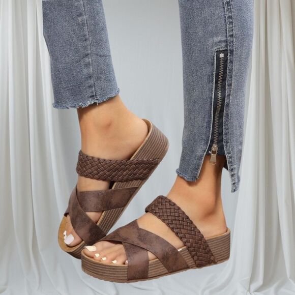 Boho Dark Brown Faux Leather Braided Criss Cross Platform Sandals EU 43 US 12.5 - Picture 1 of 7